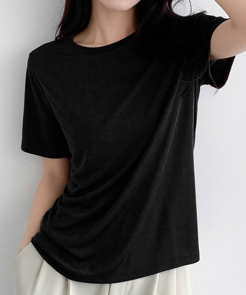 LOWO(ロワ)の「綿混クルーネックオーバーサイズ無地Tシャツ しっとりとしたシルキーな光沢と伸縮性が魅力の大人トップス(Tシャツ/カットソー・レディース・ブラウン/グレー/テラコッタ/ブラック・FREE)」の15枚目の写真