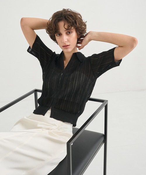 CITY TOKYO(シティトウキョウ)の「【CITY TOKYO/シティートウキョウ】Random Rib Knit Cardigan/ランダムリブニットポロ(Tシャツ/カットソー・レディース・ブラック・FREE)」の1枚目の写真
