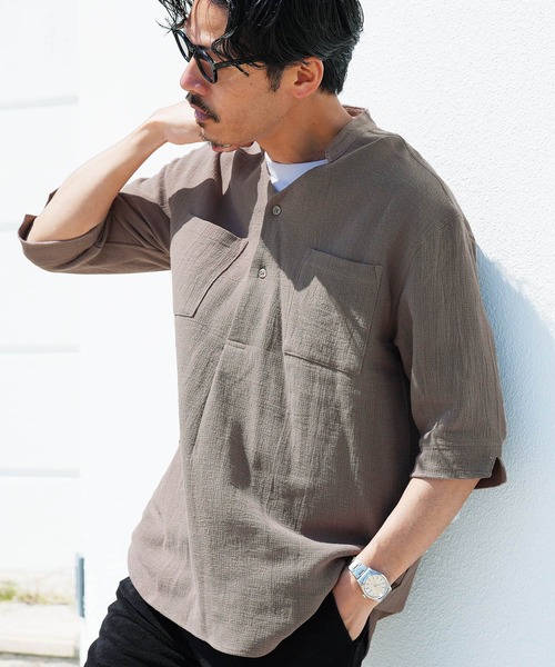 jiggys shop（ジギーズショップ）の「パナマ織 スタンドカラー スキッパー 5分袖シャツ（シャツ/ブラウス・メンズ・グレー/ホワイト/ライトブルー/ベージュ/チャコールグレー/ネイビー/グレー系その他・LARGE/MEDIUM）」の4枚目の写真