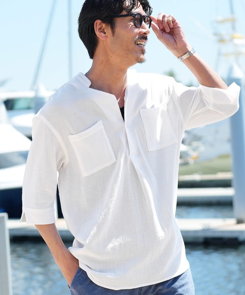 jiggys shop（ジギーズショップ）の「パナマ織 スタンドカラー スキッパー 5分袖シャツ（シャツ/ブラウス・メンズ・グレー/ホワイト/ライトブルー/ベージュ/チャコールグレー/ネイビー/グレー系その他・LARGE/MEDIUM）」の2枚目の写真