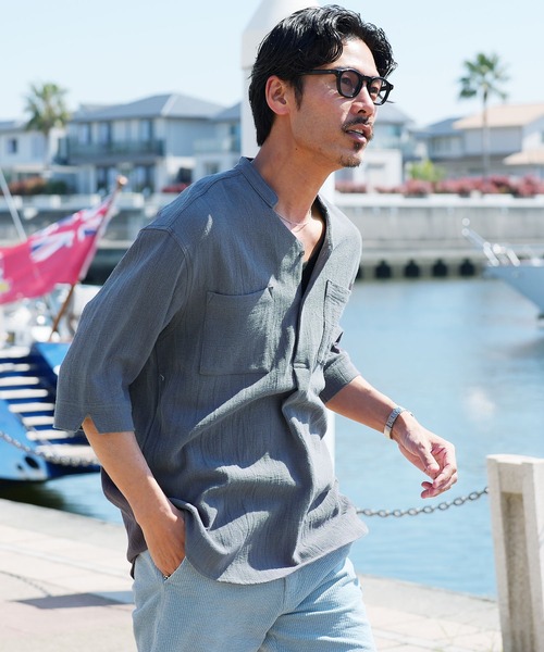 jiggys shop（ジギーズショップ）の「パナマ織 スタンドカラー スキッパー 5分袖シャツ（シャツ/ブラウス・メンズ・グレー/ホワイト/ライトブルー/ベージュ/チャコールグレー/ネイビー/グレー系その他・LARGE/MEDIUM）」の3枚目の写真