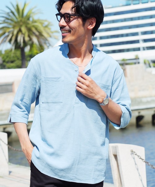 jiggys shop（ジギーズショップ）の「パナマ織 スタンドカラー スキッパー 5分袖シャツ（シャツ/ブラウス・メンズ・グレー/ホワイト/ライトブルー/ベージュ/チャコールグレー/ネイビー/グレー系その他・LARGE/MEDIUM）」の6枚目の写真