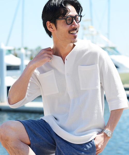 jiggys shop（ジギーズショップ）の「パナマ織 スタンドカラー スキッパー 5分袖シャツ（シャツ/ブラウス・メンズ・グレー/ホワイト/ライトブルー/ベージュ/チャコールグレー/ネイビー/グレー系その他・LARGE/MEDIUM）」の14枚目の写真