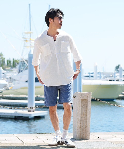 jiggys shop（ジギーズショップ）の「パナマ織 スタンドカラー スキッパー 5分袖シャツ（シャツ/ブラウス・メンズ・グレー/ホワイト/ライトブルー/ベージュ/チャコールグレー/ネイビー/グレー系その他・LARGE/MEDIUM）」の15枚目の写真