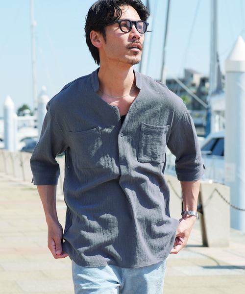 jiggys shop（ジギーズショップ）の「パナマ織 スタンドカラー スキッパー 5分袖シャツ（シャツ/ブラウス・メンズ・グレー/ホワイト/ライトブルー/ベージュ/チャコールグレー/ネイビー/グレー系その他・LARGE/MEDIUM）」の17枚目の写真