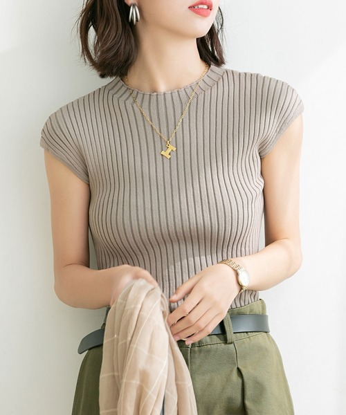 DRESS PLUS(ドレスプラス)の「フレンチスリーブリブ切替サマーニットトップス(ニット/セーター・レディース・ベージュ/パープル/ネイビー/グリーン系その他/グリーン系その他2/ミント/パープル系その他/グリーン/ベージュ系その他2/パープル系その他2/バイオレット/ベビーピンク/カーキ/ライトベージュ/アイボリー/ブラック・M/L)」の1枚目の写真