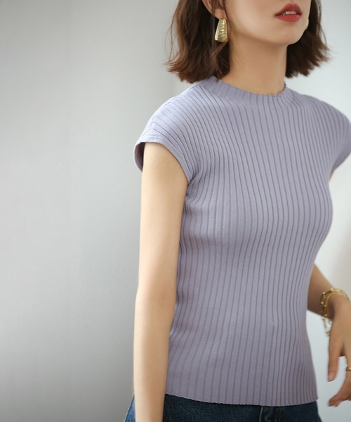 DRESS PLUS(ドレスプラス)の「フレンチスリーブリブ切替サマーニットトップス(ニット/セーター・レディース・ベージュ/パープル/ネイビー/グリーン系その他/グリーン系その他2/ミント/パープル系その他/グリーン/ベージュ系その他2/パープル系その他2/バイオレット/ベビーピンク/カーキ/ライトベージュ/アイボリー/ブラック・M/L)」の12枚目の写真