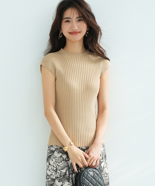 DRESS PLUS(ドレスプラス)の「フレンチスリーブリブ切替サマーニットトップス(ニット/セーター・レディース・ベージュ/パープル/ネイビー/グリーン系その他/グリーン系その他2/ミント/パープル系その他/グリーン/ベージュ系その他2/パープル系その他2/バイオレット/ベビーピンク/カーキ/ライトベージュ/アイボリー/ブラック・M/L)」の4枚目の写真