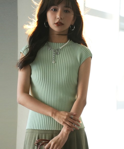 DRESS PLUS(ドレスプラス)の「フレンチスリーブリブ切替サマーニットトップス(ニット/セーター・レディース・ベージュ/パープル/ネイビー/グリーン系その他/グリーン系その他2/ミント/パープル系その他/グリーン/ベージュ系その他2/パープル系その他2/バイオレット/ベビーピンク/カーキ/ライトベージュ/アイボリー/ブラック・M/L)」の7枚目の写真