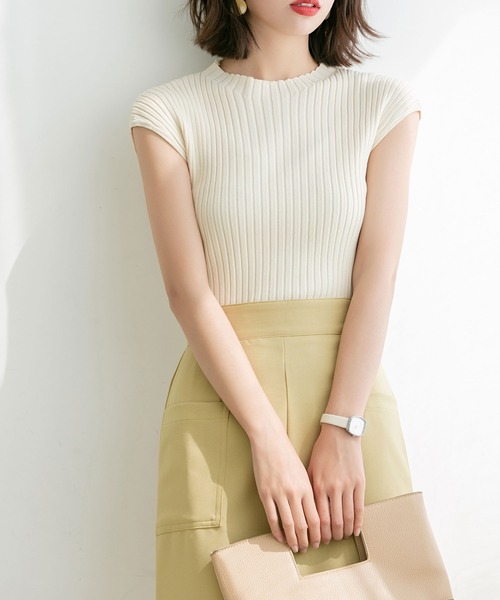 DRESS PLUS(ドレスプラス)の「フレンチスリーブリブ切替サマーニットトップス(ニット/セーター・レディース・ベージュ/パープル/ネイビー/グリーン系その他/グリーン系その他2/ミント/パープル系その他/グリーン/ベージュ系その他2/パープル系その他2/バイオレット/ベビーピンク/カーキ/ライトベージュ/アイボリー/ブラック・M/L)」の2枚目の写真
