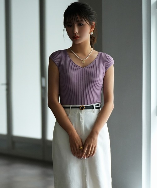 DRESS PLUS(ドレスプラス)の「フレンチスリーブリブ切替サマーニットトップス(ニット/セーター・レディース・ベージュ/パープル/ネイビー/グリーン系その他/グリーン系その他2/ミント/パープル系その他/グリーン/ベージュ系その他2/パープル系その他2/バイオレット/ベビーピンク/カーキ/ライトベージュ/アイボリー/ブラック・M/L)」の15枚目の写真