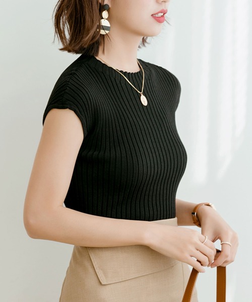DRESS PLUS(ドレスプラス)の「フレンチスリーブリブ切替サマーニットトップス(ニット/セーター・レディース・ベージュ/パープル/ネイビー/グリーン系その他/グリーン系その他2/ミント/パープル系その他/グリーン/ベージュ系その他2/パープル系その他2/バイオレット/ベビーピンク/カーキ/ライトベージュ/アイボリー/ブラック・M/L)」の18枚目の写真