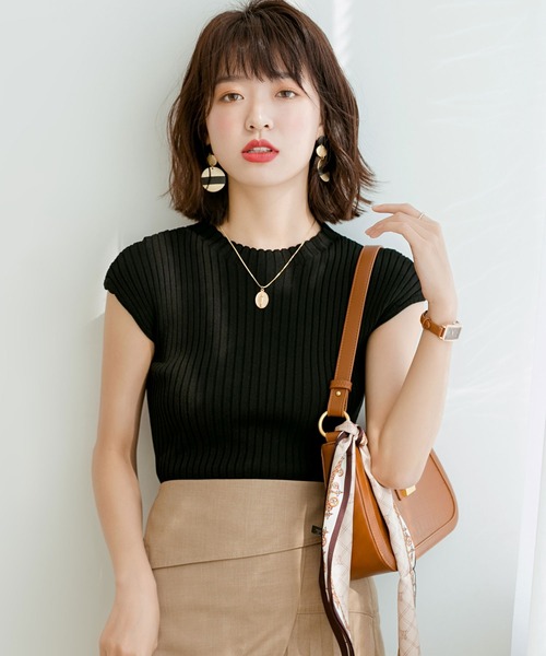 DRESS PLUS(ドレスプラス)の「フレンチスリーブリブ切替サマーニットトップス(ニット/セーター・レディース・ベージュ/パープル/ネイビー/グリーン系その他/グリーン系その他2/ミント/パープル系その他/グリーン/ベージュ系その他2/パープル系その他2/バイオレット/ベビーピンク/カーキ/ライトベージュ/アイボリー/ブラック・M/L)」の19枚目の写真
