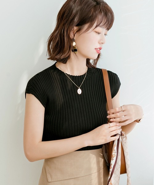 DRESS PLUS(ドレスプラス)の「フレンチスリーブリブ切替サマーニットトップス(ニット/セーター・レディース・ベージュ/パープル/ネイビー/グリーン系その他/グリーン系その他2/ミント/パープル系その他/グリーン/ベージュ系その他2/パープル系その他2/バイオレット/ベビーピンク/カーキ/ライトベージュ/アイボリー/ブラック・M/L)」の20枚目の写真