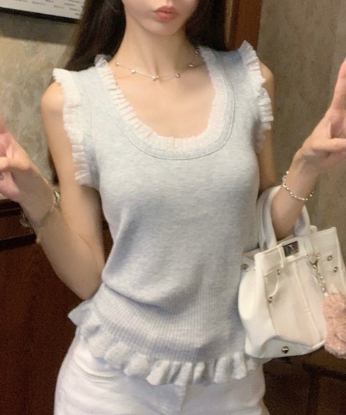 AMAJI(アマジ)の「ノースリーブ レース 切替 ニットトップス(ニット/セーター・レディース・ホワイト/グレー・FREE)」の5枚目の写真