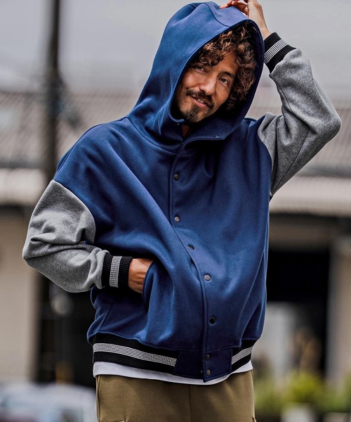 CAMBIO(カンビオ)の「mj11604-Fleece Lined Snap Front Hoodie Jacket スナップボタンフーディージャケット(A70726cmb)(スタジャン・メンズ・ネイビー系/グレー系その他/ミックスグレー/ブラック/ブラック×グレー/ベージュ×ブラック・L/M/S)」の6枚目の写真