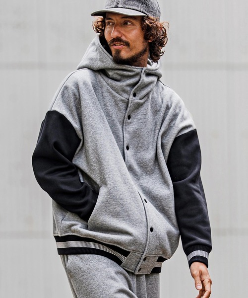 CAMBIO(カンビオ)の「mj11604-Fleece Lined Snap Front Hoodie Jacket スナップボタンフーディージャケット(A70726cmb)(スタジャン・メンズ・ネイビー系/グレー系その他/ミックスグレー/ブラック/ブラック×グレー/ベージュ×ブラック・L/M/S)」の4枚目の写真