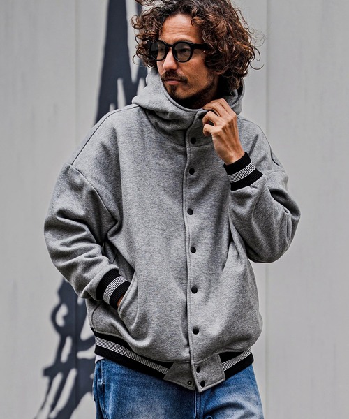 CAMBIO(カンビオ)の「mj11604-Fleece Lined Snap Front Hoodie Jacket スナップボタンフーディージャケット(A70726cmb)(スタジャン・メンズ・ネイビー系/グレー系その他/ミックスグレー/ブラック/ブラック×グレー/ベージュ×ブラック・L/M/S)」の3枚目の写真