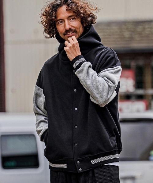 CAMBIO(カンビオ)の「mj11604-Fleece Lined Snap Front Hoodie Jacket スナップボタンフーディージャケット(A70726cmb)(スタジャン・メンズ・ネイビー系/グレー系その他/ミックスグレー/ブラック/ブラック×グレー/ベージュ×ブラック・L/M/S)」の2枚目の写真