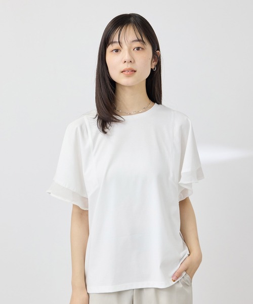 NAVY(ネイビー)の「【SARARI /サラリ】冷感 DRY シフォン使いフレアスリーブUVカットTシャツ(Tシャツ/カットソー・レディース・グレイッシュベージュ/オフホワイト/チャコール・M/L)」の9枚目の写真