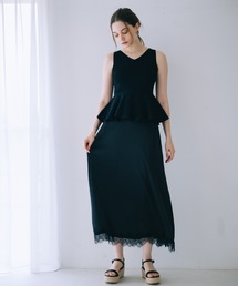 サテン裾レーススカート 綺麗め フェミニン Aラインスカート