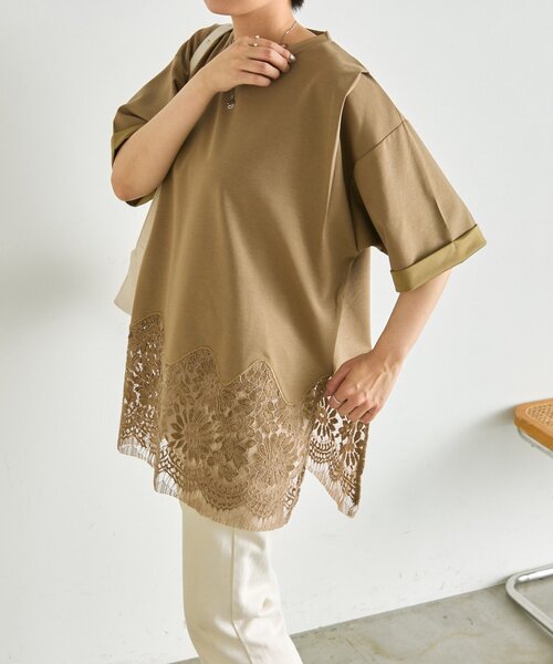 ear PAPILLONNER(イアパピヨネ)の「裾レーストップス【SUM1 STYLE】(Tシャツ/カットソー・レディース・ブラック/ホワイト/サンドベージュ・FREE)」の1枚目の写真