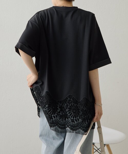 ear PAPILLONNER(イアパピヨネ)の「裾レーストップス【SUM1 STYLE】(Tシャツ/カットソー・レディース・ブラック/ホワイト/サンドベージュ・FREE)」の4枚目の写真