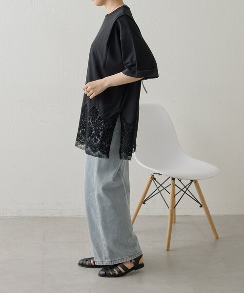 ear PAPILLONNER(イアパピヨネ)の「裾レーストップス【SUM1 STYLE】(Tシャツ/カットソー・レディース・ブラック/ホワイト/サンドベージュ・FREE)」の6枚目の写真