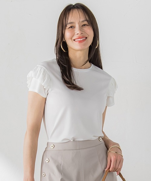 Viaggio Blu(ビアッジョブルー)の「【WEB限定】ショルダーフリルカットソー(Tシャツ/カットソー・レディース・ホワイト/ブルー系その他/ネイビー/ピンク・S/M)」の1枚目の写真