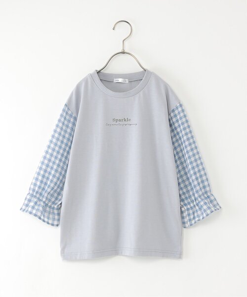 ikka(イッカ)の「シアギンガムチェック七分袖ロゴTシャツ(120~160cm)(Tシャツ/カットソー・キッズ・ライトブルー/ブラック・160/150/120/140/130)」の3枚目の写真