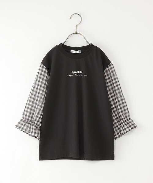 ikka(イッカ)の「シアギンガムチェック七分袖ロゴTシャツ(120~160cm)(Tシャツ/カットソー・キッズ・ライトブルー/ブラック・160/150/120/140/130)」の4枚目の写真