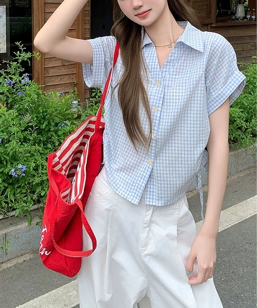 MAISON DE THERESE(メゾン ド テレーズ)の「【夏新作】ギンガムチェック柄 POLOカラー半袖シャツ/ドロストブラウス(シャツ/ブラウス・レディース・ブルー/Navy・M)」の2枚目の写真
