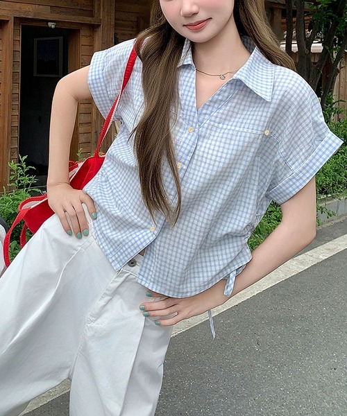 MAISON DE THERESE(メゾン ド テレーズ)の「【夏新作】ギンガムチェック柄 POLOカラー半袖シャツ/ドロストブラウス(シャツ/ブラウス・レディース・ブルー/Navy・M)」の3枚目の写真