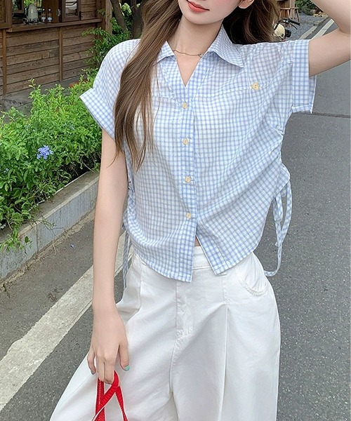 MAISON DE THERESE(メゾン ド テレーズ)の「【夏新作】ギンガムチェック柄 POLOカラー半袖シャツ/ドロストブラウス(シャツ/ブラウス・レディース・ブルー/Navy・M)」の4枚目の写真