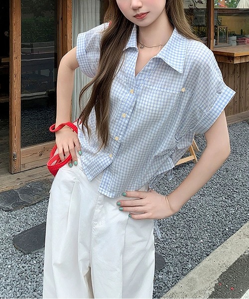 MAISON DE THERESE(メゾン ド テレーズ)の「【夏新作】ギンガムチェック柄 POLOカラー半袖シャツ/ドロストブラウス(シャツ/ブラウス・レディース・ブルー/Navy・M)」の5枚目の写真