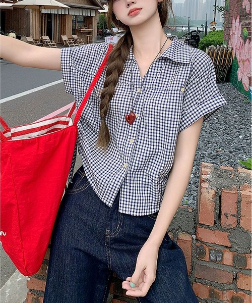 MAISON DE THERESE(メゾン ド テレーズ)の「【夏新作】ギンガムチェック柄 POLOカラー半袖シャツ/ドロストブラウス(シャツ/ブラウス・レディース・ブルー/Navy・M)」の10枚目の写真
