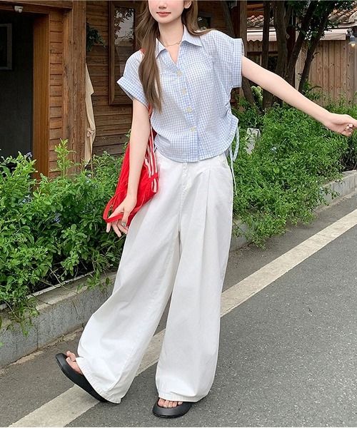 MAISON DE THERESE(メゾン ド テレーズ)の「【夏新作】ギンガムチェック柄 POLOカラー半袖シャツ/ドロストブラウス(シャツ/ブラウス・レディース・ブルー/Navy・M)」の7枚目の写真
