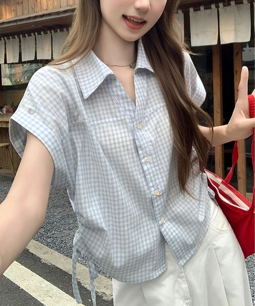 MAISON DE THERESE(メゾン ド テレーズ)の「【夏新作】ギンガムチェック柄 POLOカラー半袖シャツ/ドロストブラウス(シャツ/ブラウス・レディース・ブルー/Navy・M)」の6枚目の写真