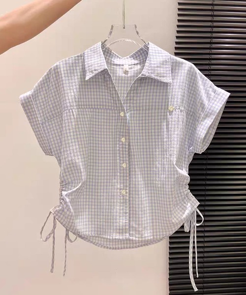 MAISON DE THERESE(メゾン ド テレーズ)の「【夏新作】ギンガムチェック柄 POLOカラー半袖シャツ/ドロストブラウス(シャツ/ブラウス・レディース・ブルー/Navy・M)」の8枚目の写真