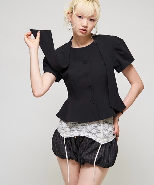 Six M(シックスエム)の「【SixM】Chic Puff Jacket(テーラードジャケット・レディース・グレー/ブラック・FREE)」の3枚目の写真