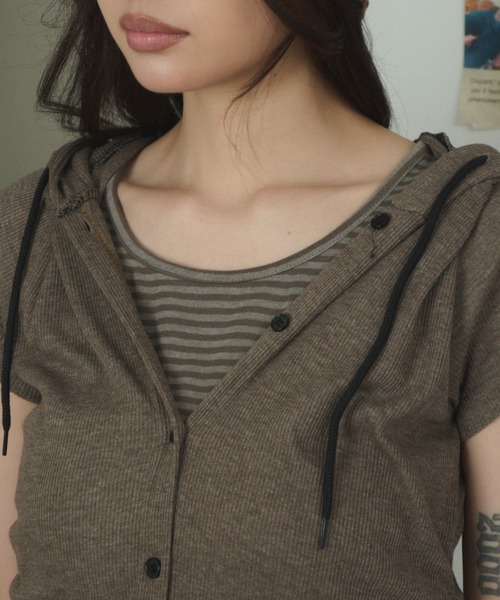 dispark(ディスパーク)の「DISPARK/ボーダードッキングフーディー(Tシャツ/カットソー・レディース・チャコールグレー/ブラウン・FREE)」の9枚目の写真