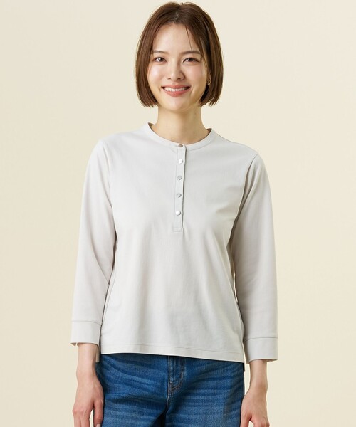 J.PRESS Ladies(J.プレス レディス)の「ドライポンチ ヘンリーネック カットソー(Tシャツ/カットソー・レディース・ピーコックグリーン系/ライトグレー系・SMALL)」の1枚目の写真