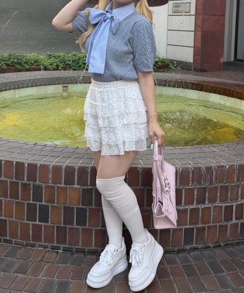 continuer de NICE CLAUP(コンティニューデナイスクラップ)の「リボンタイケーブル半袖ニット(ニット/セーター・レディース・ネイビー/アイボリー/ボルドー/トップグレー・FREE)」の20枚目の写真