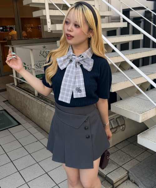 continuer de NICE CLAUP(コンティニューデナイスクラップ)の「リボンタイケーブル半袖ニット(ニット/セーター・レディース・ネイビー/アイボリー/ボルドー/トップグレー・FREE)」の18枚目の写真