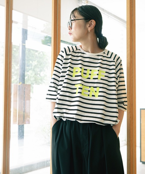 SOLAMONAT(ソラモナ)の「パフ天竺 裾紐ボーダー5分袖プルーオーバープリント(PUFF TEN)(Tシャツ/カットソー・レディース・ブラック×ホワイト/ホワイト×ブラック・FREE)」の1枚目の写真