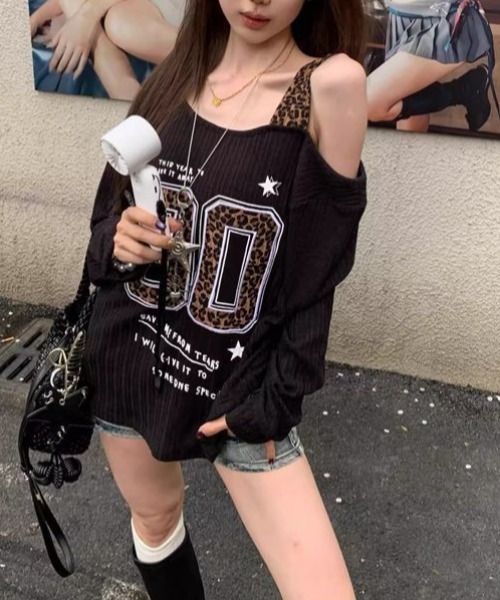 SHEPP(シープ)の「【26年秋冬新作】レオパードストラップ フェイクレイヤード オフショル ロンT(Tシャツ/カットソー・レディース・アイボリー/ブラック・F)」の3枚目の写真