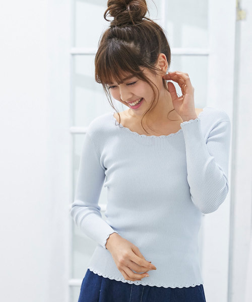 KOBE LETTUCE(コウベレタス)の「クロシェ×スカラップデザインUネックリブニットトップス(ニット/セーター・レディース・ブラック/オフホワイト/サックスブルー/グレー系その他/ライトパープル・FREE)」の5枚目の写真