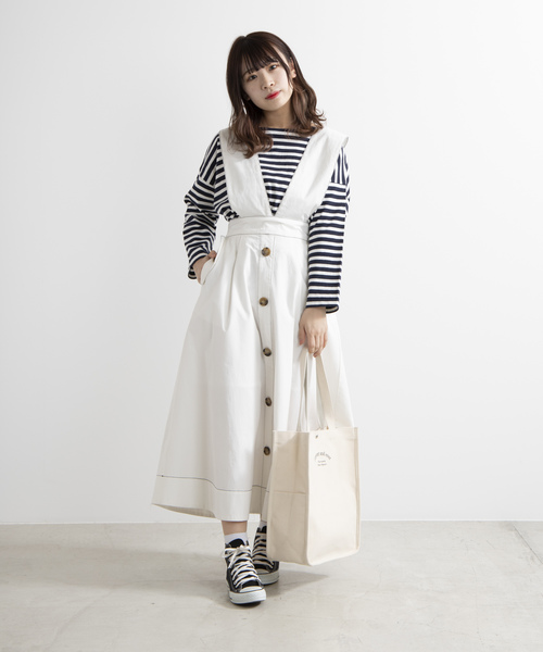 WEGO（ウィゴー）の「WEGO/2WAY配色ストレッチツイルチノロングスカート（スカート・レディース・ホワイト/ブラック・FREE）」の2枚目の写真