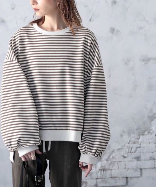 セール】ゆったりルーズシルエット バルーンスリーブボーダー柄