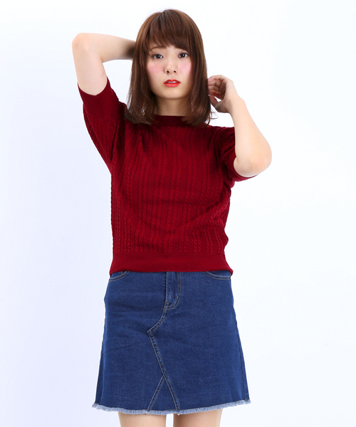 WEGO(ウィゴー)の「WEGO/ミニケーブル5分袖ニット(ニット/セーター・レディース・アイボリー/ダークグリーン/ネイビー/ワイン・FREE)」の4枚目の写真